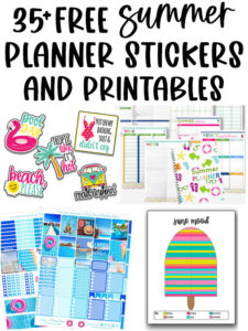 At the top it says 35+ free summer planner stickers and printables. It rounds up over 35 different summer planner stickers, inserts, planners, digital stickers, and more. Below that are some examples of the some of the freebies you can find rounded up in this post.