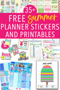 At the top it says 35+ free summer planner stickers and printables. It rounds up over 35 different summer planner stickers, inserts, planners, digital stickers, and more. Below that are some examples of the some of the freebies you can find rounded up in this post.