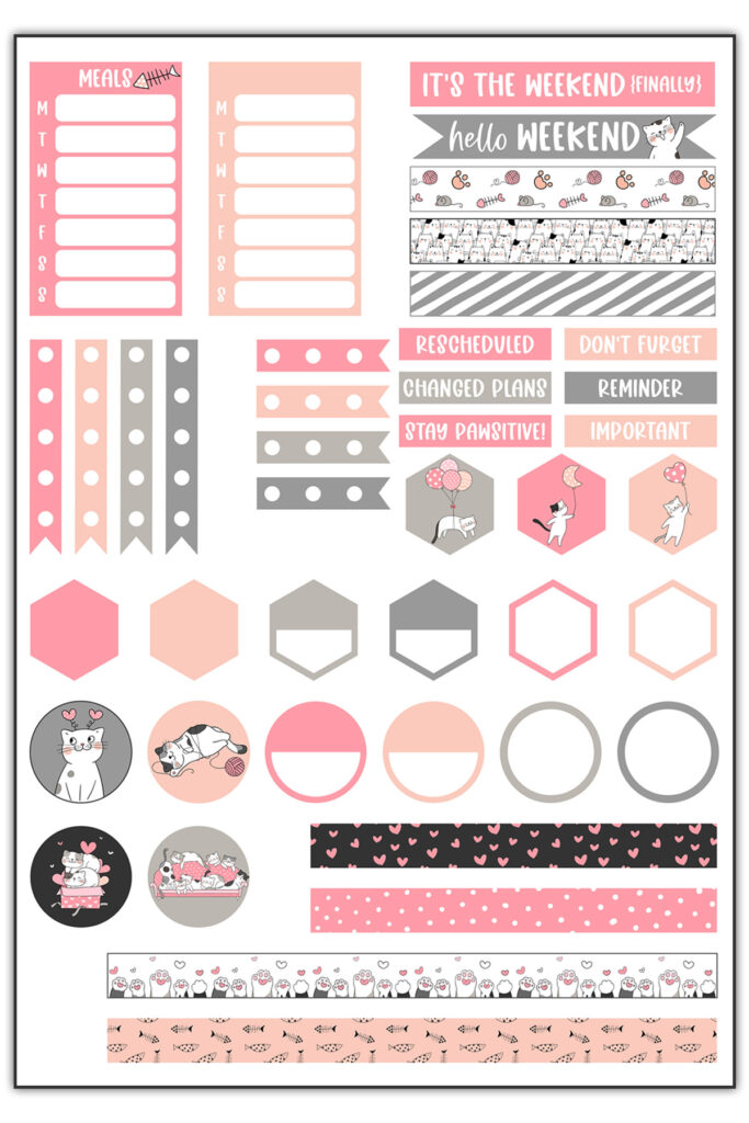 This is one page of the 3 free pages of cat planner stickers you can download for free at the end of this post.
