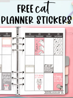 The top says free cat planner stickers. Below that is a pink planner opened up to a weekly spread. It is decorated with various cat planner stickers from the free set of cat planner stickers you can get for free in this blog post.