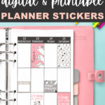 The top says free cat digital & printable planner stickers. Below that is a pink planner opened up to a weekly spread. It is decorated with various cat planner stickers from the free set of cat planner stickers you can get for free in this blog post.