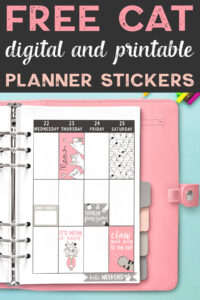 The top says free cat digital & printable planner stickers. Below that is a pink planner opened up to a weekly spread. It is decorated with various cat planner stickers from the free set of cat planner stickers you can get for free in this blog post.