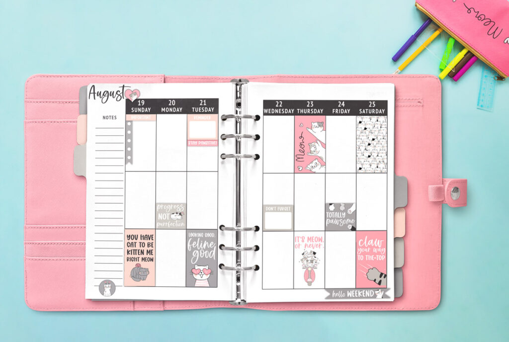 his image is of a pink planner opened up to a weekly spread. It is decorated with various cat planner stickers from the free set of cat planner stickers you can get for free in this blog post.