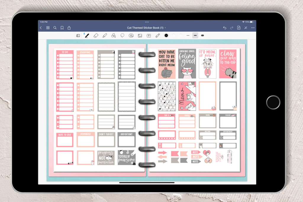 This image is of an iPad opened up to one of the pages in the free cat planner sticker digital sticker book. It is opened in the program, GoodNotes.