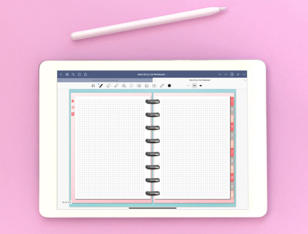 This is an image of one of the pages within the free cat digital notebook. This shows the graph paper spread.