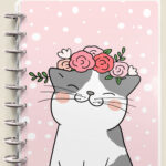 This is an image of the front cover from the Free Cat Planner Cover Printables available to download at the end of this blog post. The cover is light pink with white polka dots. There is a gray and white cat in the bottom middle of the cover with a pink floral crown.
