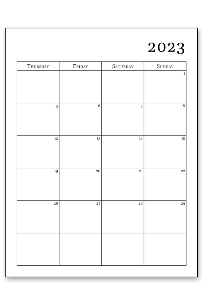 This image shows one of the 2023 calendar printables you can get at the end of this blog post for free. This is showing the right side of January 2023.