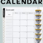 At the top it says free simple 2023 calendar. Below that is an image. This image shows the 2023 calendar printable you can get for free at the end of this blog post. This image shows a simple Classic Happy planner with gold discs opened up to the left side a January 2023 monthly calendar spread.