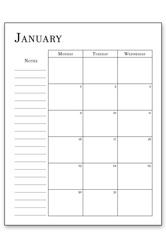 This image shows one of the 2023 calendar printables you can get at the end of this blog post for free. This is showing the left side of January 2023.