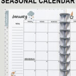 The text says free 2023 seasonal calendar. At the bottom it says with or without holidays. This image is of a planner open to a 2023 calendar with holidays. This is one of the options you can download at the end of this blog post. This image shows a 2023 January calendar with a Monday start.