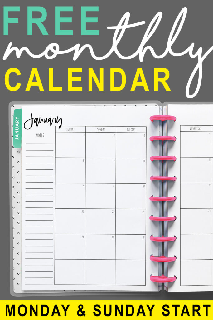 At the top it says free monthly 2023 calendar. Below that is an image. This image shows the free printable 2023 calendar you can get for free at the end of this blog post. This image shows a simple Classic Happy planner with pink discs opened up to the left side a January 2023 monthly calendar spread. At the bottom it says Monday and Sunday start.