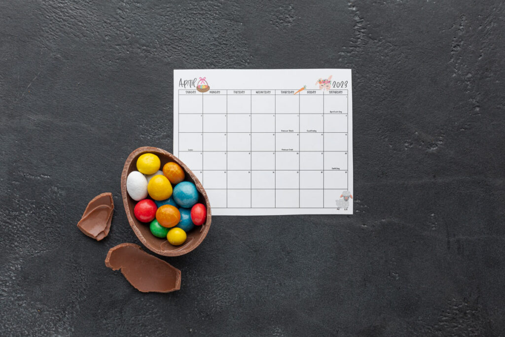 This image shows one of the months from the 2023 calendar pdf and png files you can get for free at the end of this blog post. This is showing a monthly calendar for April.