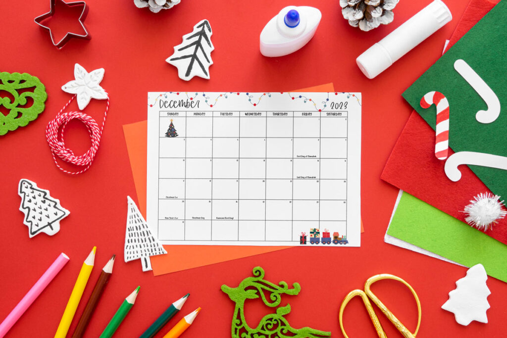 This image shows one of the months from the 2023 calendar pdf and png files you can get for free at the end of this blog post. This is showing a monthly calendar for December.