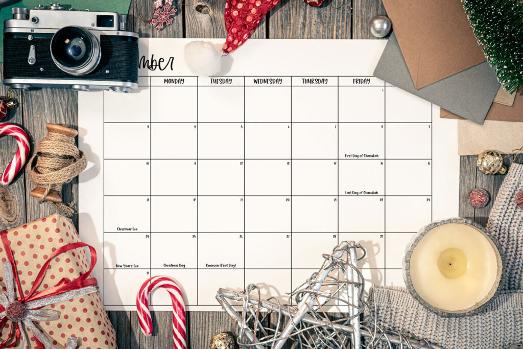 This image shows one of the months from the 2023 calendar pdf and png files you can get for free at the end of this blog post. This is showing a monthly calendar for December.