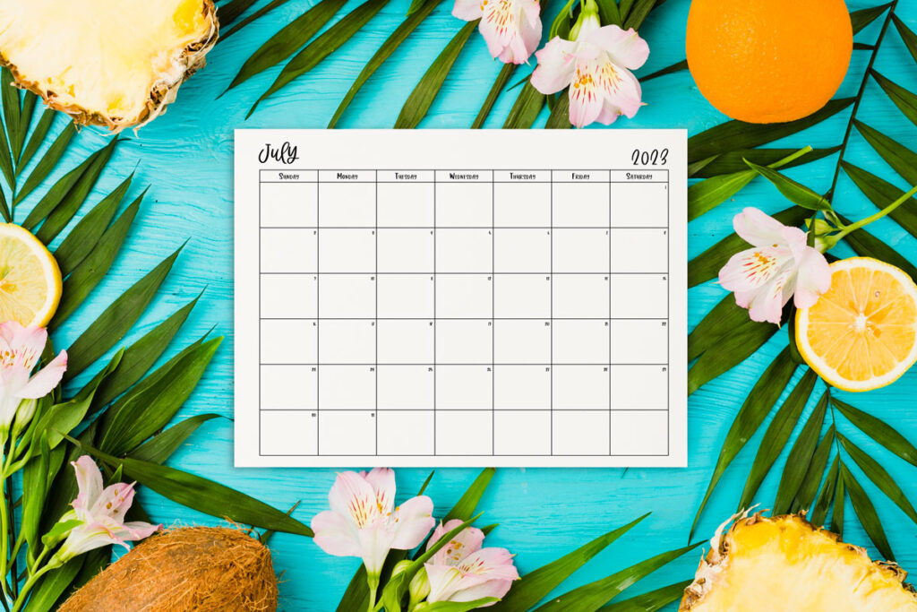 This image shows one of the months from the 2023 calendar pdf and png files you can get for free at the end of this blog post. This is showing a monthly calendar for July.