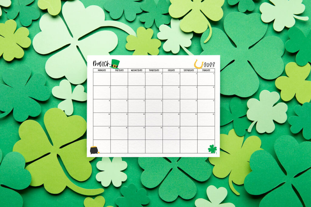 This image shows one of the months from the 2023 calendar pdf and png files you can get for free at the end of this blog post. This is showing a monthly calendar for March.