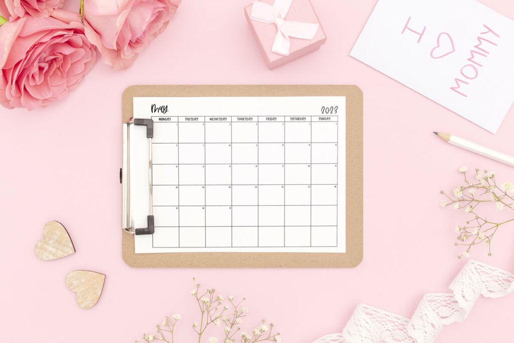 This image shows one of the months from the 2023 calendar pdf and png files you can get for free at the end of this blog post. This is showing a monthly calendar for May.