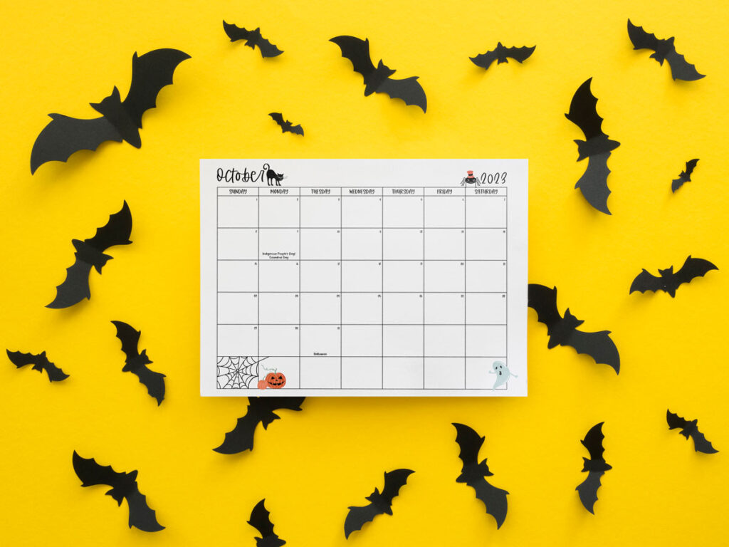 This image shows one of the months from the 2023 calendar pdf and png files you can get for free at the end of this blog post. This is showing a monthly calendar for October.