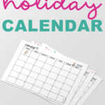 At the top, the image says free 2023 holiday calendar. Below that is an image of 3 of the months from the 2023 calendar pdf and png files you can get for free at the end of this blog post.At the bottom, it says Monday and Sunday start.