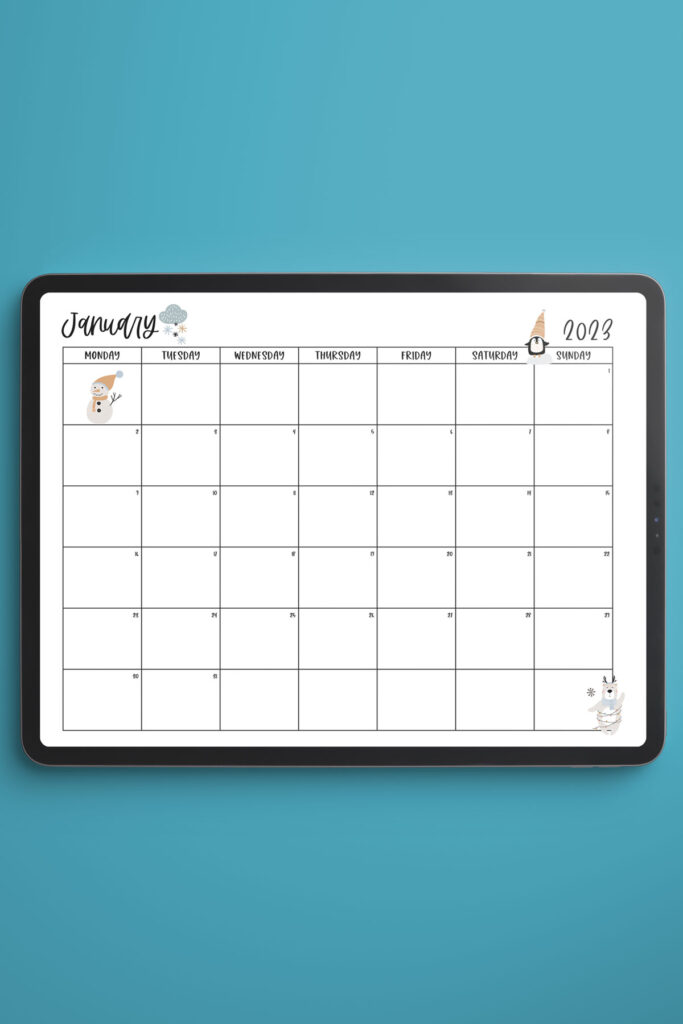 This image shows one of the months from the 2023 calendar pdf and png files you can get for free at the end of this blog post. It’s showing the files on an iPad. This is showing a monthly calendar for January.