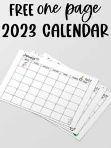 At the top, the image says free one page 2023 calendar. Below that is an image of 3 of the months from the 2023 calendar pdf and png files you can get for free at the end of this blog post.