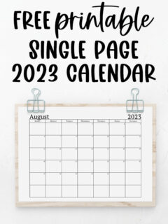 At the top, the image says free printable single page 2023 calendar. Under that the image shows a 2023 printable calendar one page design hanging by silver binder clips. This is an example of a portion of the 2023 yearly calendar you can get for free at the end of this post. This is showing the month of August 2023 in a simple black text.