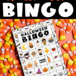 At the top, the image says free printable Halloween bingo. Below that is an image that shows one of the 40 unique Halloween bingo cards you can get for free at the end of this blog post. The top of the card says Halloween Bingo. Below it are various Halloween images such as pumpkins, Halloween treats, and more. Surrounding the Halloween Bingo printable are some candy corn.