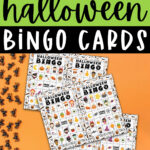 At the top, the image says free printable Halloween bingo. Below that, the image shows three of the 40 unique Halloween bingo cards you can get for free at the end of this blog post. The top of the card says Halloween Bingo. Below it are various Halloween images such as pumpkins, Halloween treats, and more. Surrounding the Halloween Bingo printable are some fake plastic spiders. Below the image, it says 40 different cards included.