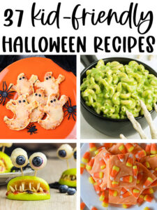 At the top it says 37 kid-friendly Halloween recipes. Check out this list of amazing kids Halloween party food ideas. It's a round up of the best kid recipes for Halloween. Below the words are images of 4 of the recipes - ghost pizzas, green mac and cheese, monster apples, and candy corn fudge.