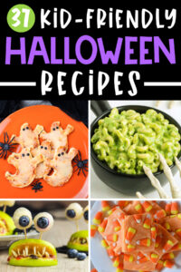 At the top it says 37 kid-friendly Halloween recipes. Check out this list of amazing kids Halloween party food ideas. It's a round up of the best kid recipes for Halloween. Below the words are images of 4 of the recipes - ghost pizzas, green mac and cheese, monster apples, and candy corn fudge.