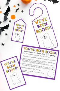 This image shows the You’ve Been Booed printable set you can get for free at the end of this blog post. This is everything that is included in the free set.