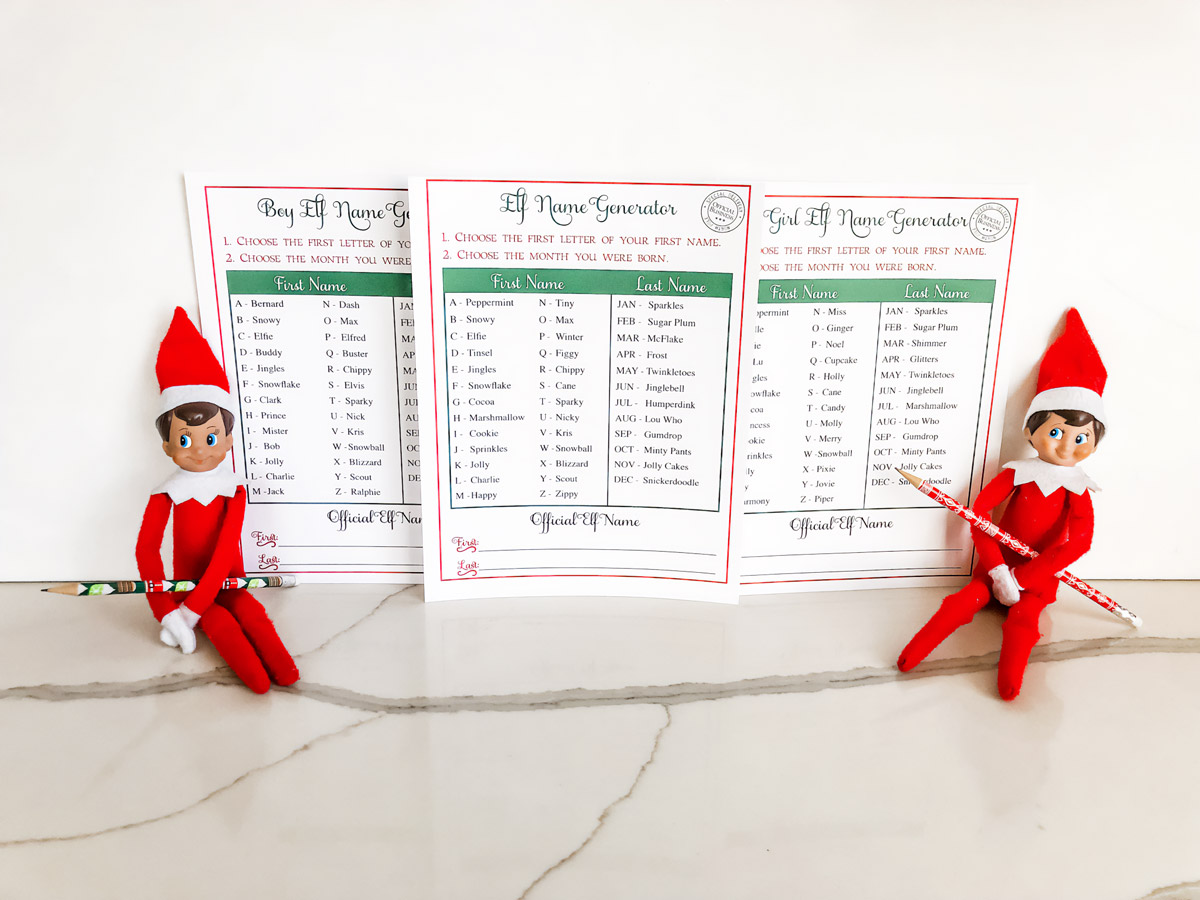 This image shows the three free Christmas elf name generator printables you can get for free at the end of this blog post. 