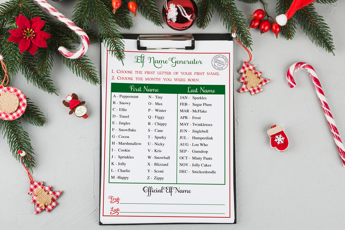 This image shows one of the three free Christmas elf name generator printables you can get for free at the end of this blog post.