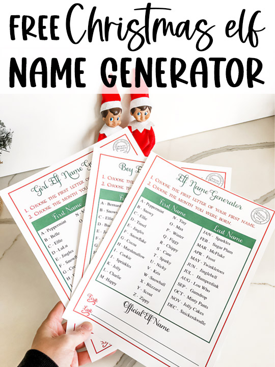 This image shows the three free Christmas elf name generator printables you can get for free at the end of this blog post. At the top it says free Christmas elf name generator.