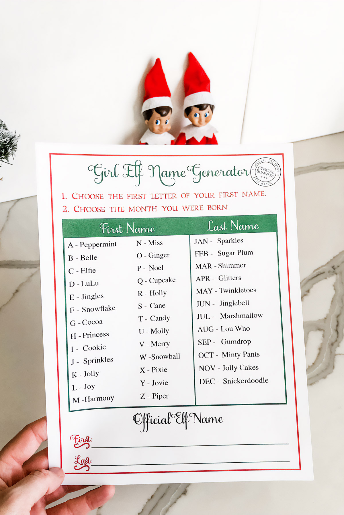 This image shows one of the three free Christmas elf name generator printables you can get for free at the end of this blog post.