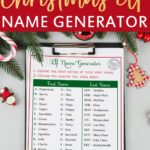 At the top it says free printable Christmas Elf name generator. The image below the words shows one of the three free Christmas elf name generator printables you can get for free at the end of this blog post.