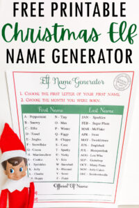 At the top it says free printable Christmas Elf name generator. The image below the words shows one of the three free Christmas elf name generator printables you can get for free at the end of this blog post.