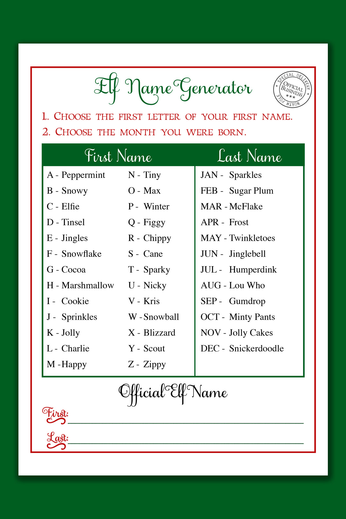 This image shows one of the three free Christmas elf name generator printables you can get for free at the end of this blog post.