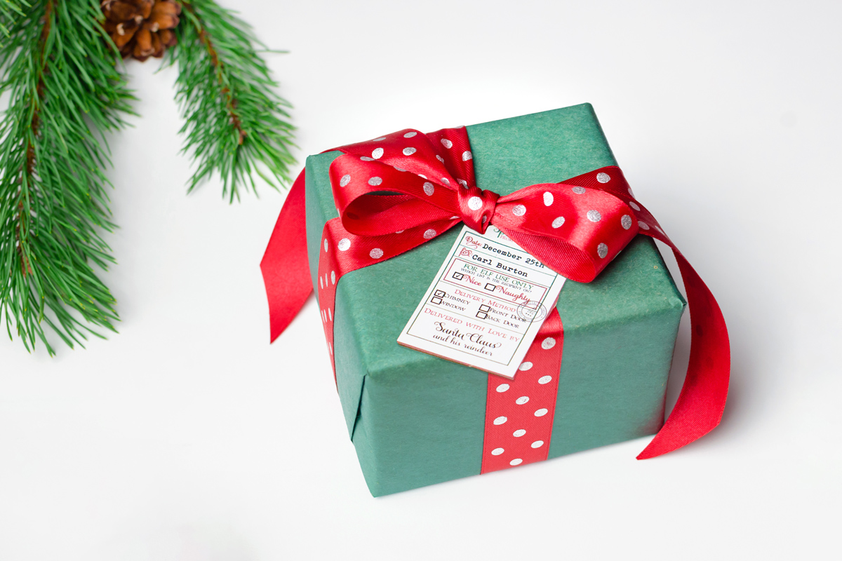 The image shows one of the tags from the Christmas tags from Santa printable set. The tag is on a package wrapped with green wrapping paper and a red bow.