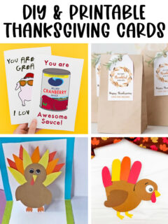 This image shows some examples of the DIY Thanksgiving cards included in this list of printable and DIY Thanksgiving cards and gift tags. At the top it says DIY & Printable Thanksgiving cards.