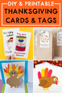 This image shows some examples of the DIY Thanksgiving cards included in this list of printable and DIY Thanksgiving cards and gift tags. At the top it says DIY & Printable Thanksgiving cards & tags.