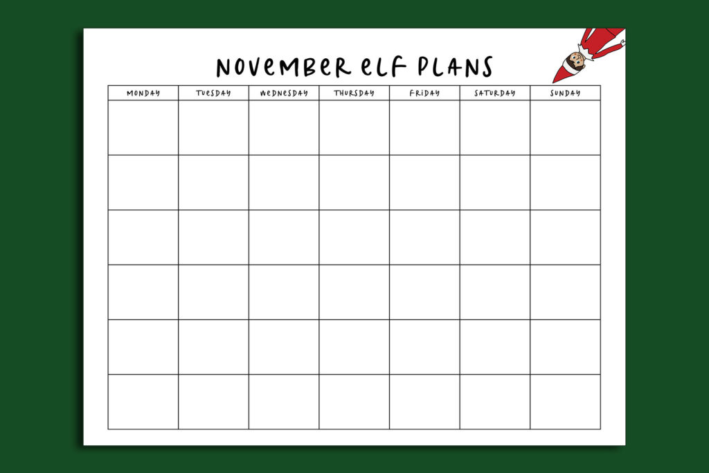 This image shows the Elf on the Shelf planning calendar page that you can get for free at the end of this blog post. It has 94 elf on the shelf ideas for home included.