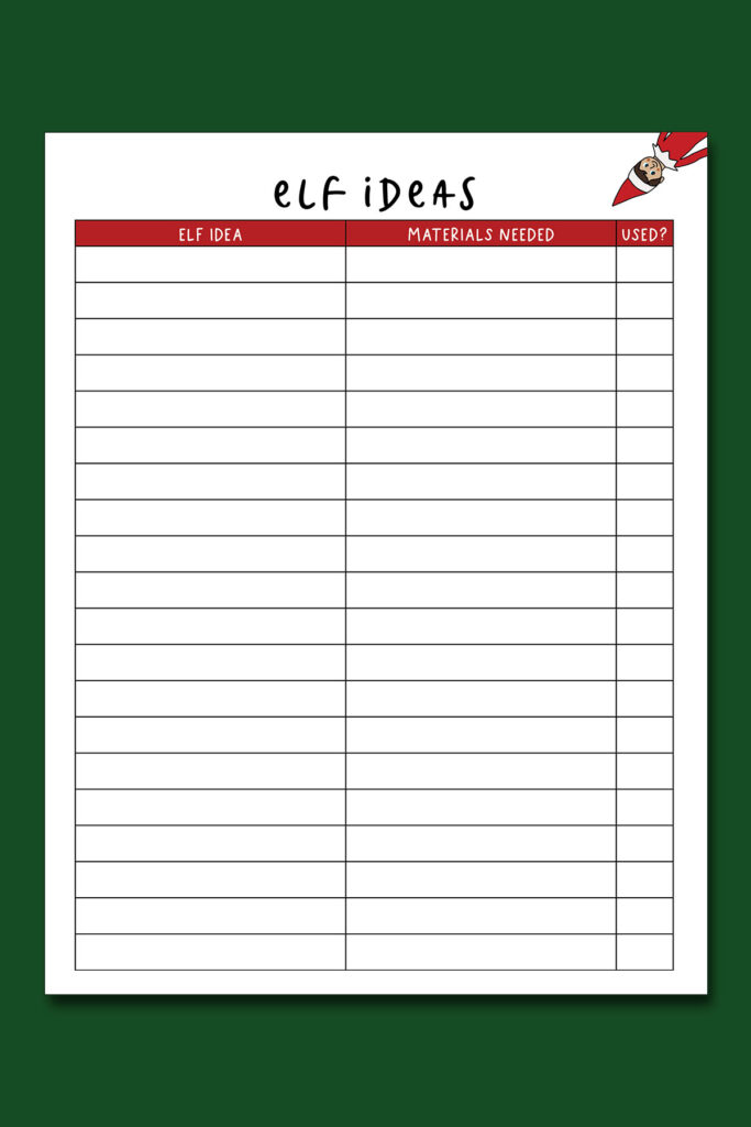 This image shows the Elf on the Shelf brainstorming page that you can get for free at the end of this blog post. It has 94 elf on the shelf ideas for home included.