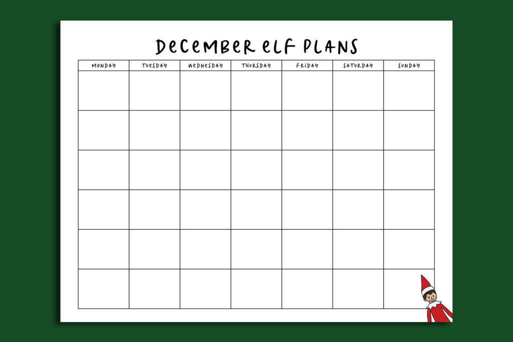 This image shows the Elf on the Shelf planning calendar page that you can get for free at the end of this blog post. It has 94 elf on the shelf ideas for home included.