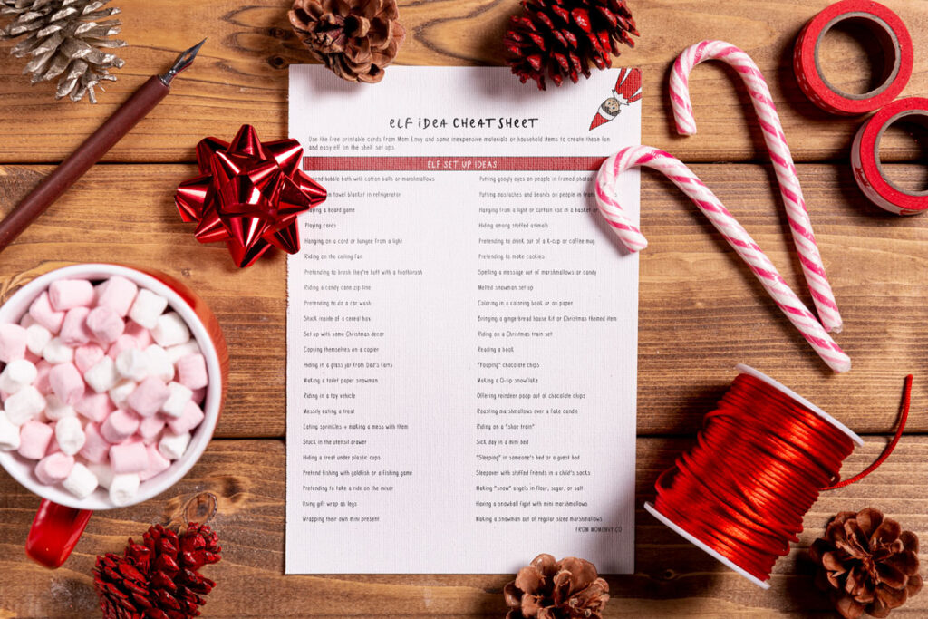 This image shows the first page of the Elf on the Shelf Cheat Sheet printable page that you can get for free at the end of this blog post. It has 94 elf on the shelf ideas for home included.