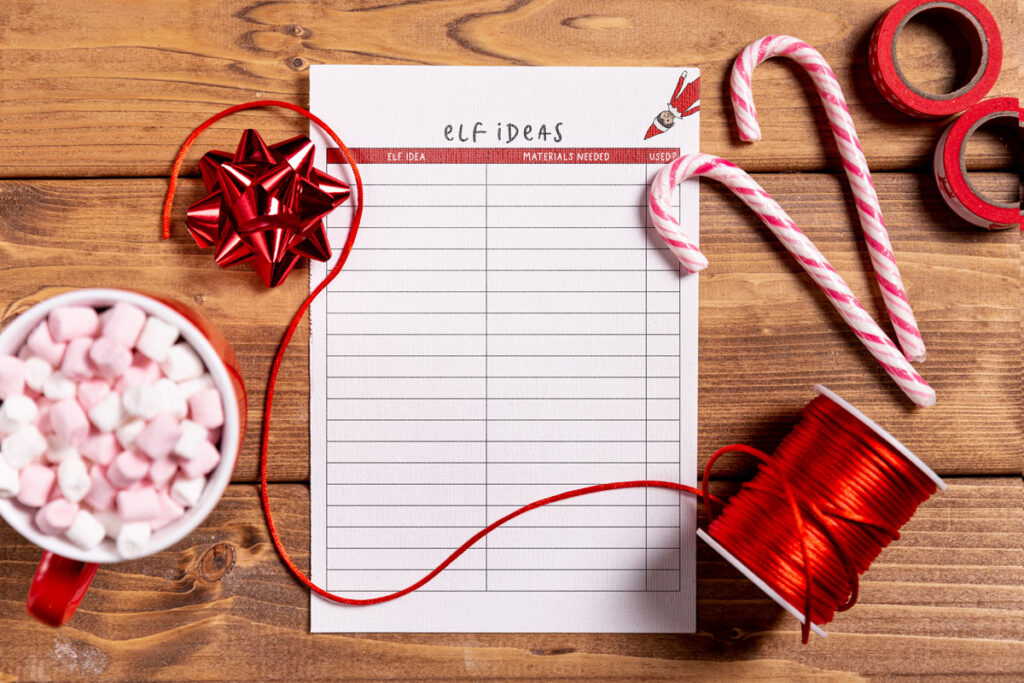 This image shows the Elf on the Shelf brainstorming page that you can get for free at the end of this blog post. It has 94 elf on the shelf ideas for home included.