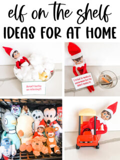 This image says Elf on the Shelf ideas for at home. Below that are 4 examples of the 94 ideas you can get in this blog post.
