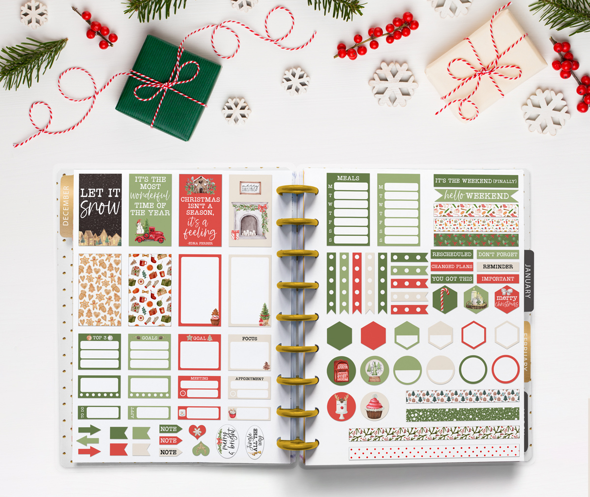 This image shows the free cozy Christmas planner stickers you can get for free at the end of this blog post.