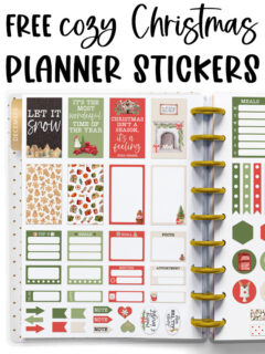 At the top it says free cozy Christmas planner stickers. Below that is a picture that shows one of the free cozy Christmas planner sticker pages you can get for free at the end of this blog post.