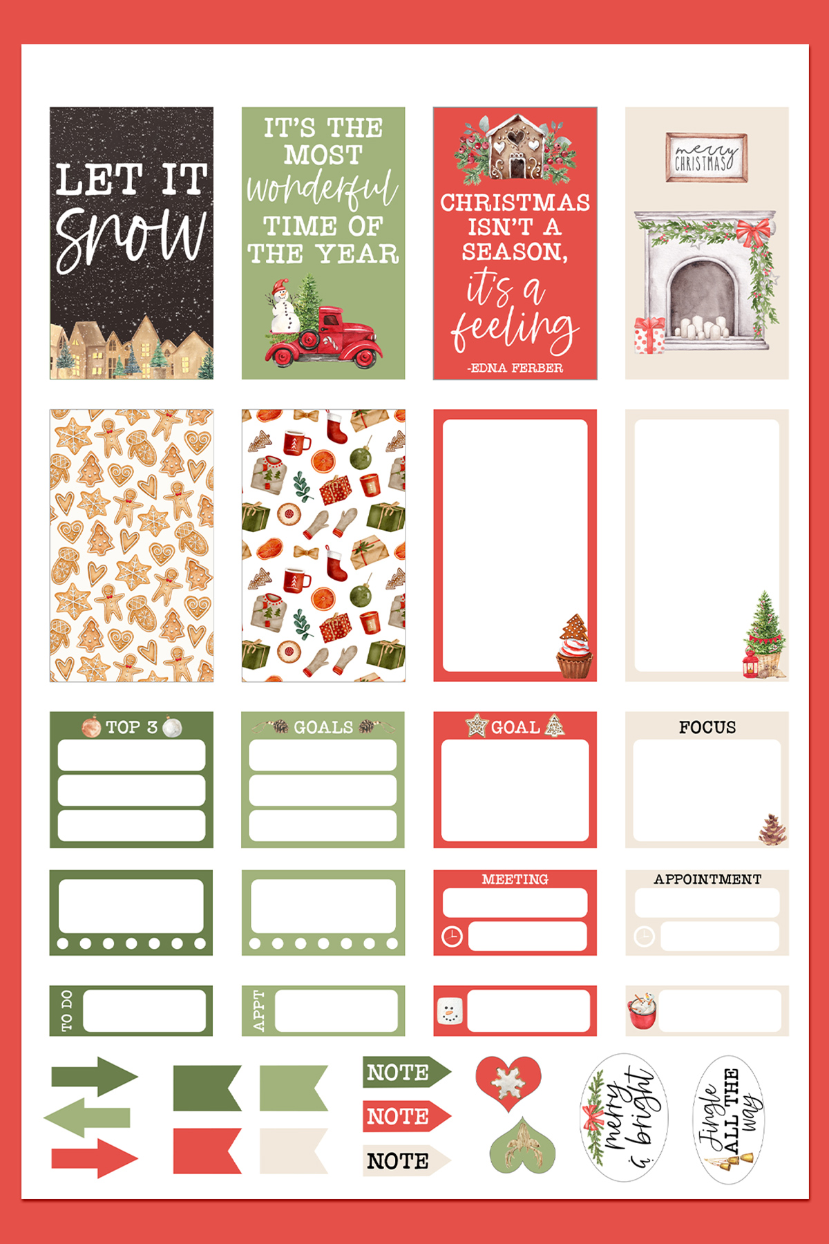 Christmas Planner Sticker Sheet, Bullet journal Stickers PNG